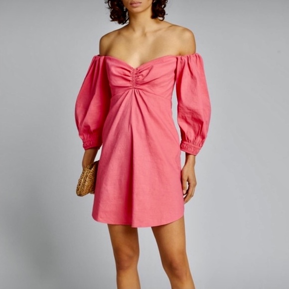 A.L.C. Mila Pink Linen Blend Off the Shoulder Mini Dress Size 4 - Picture 2 of 12